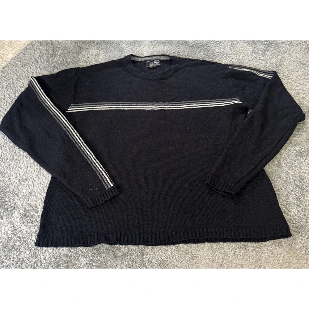 Sonoma Mens Striped Crewneck Sweater L Black Acrylic Knit Vintage Style